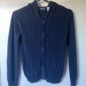 Navy hooded knit zip-up sweater